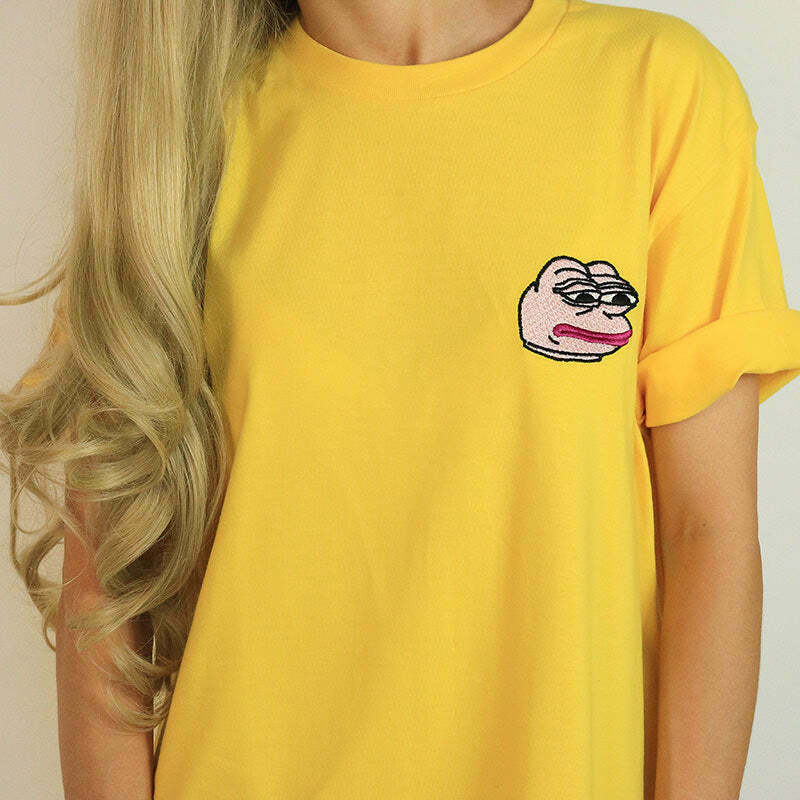 Feelz Bad Face T-Shirt in Yellow - Y2K Summer Grunge Outfit, 90s Retro Style, Baby Te