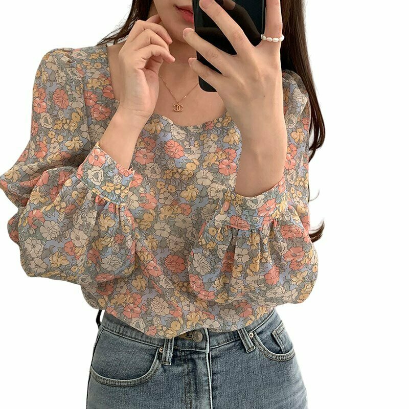 Floral Print Square Neck Chiffon Shirt - Y2K Summer Grunge 90s Retro Fashion Top