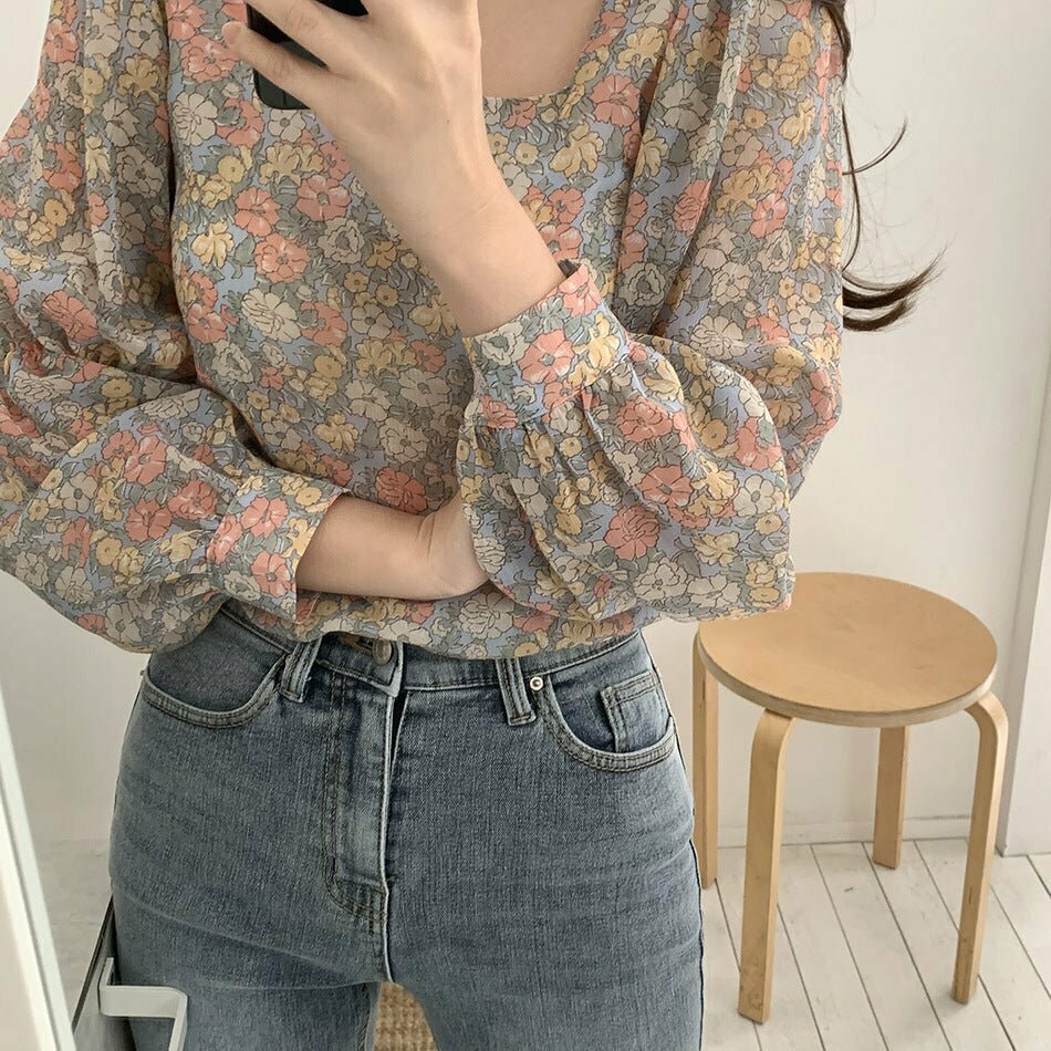 Floral Print Square Neck Chiffon Shirt - Y2K Summer Grunge 90s Retro Fashion Top