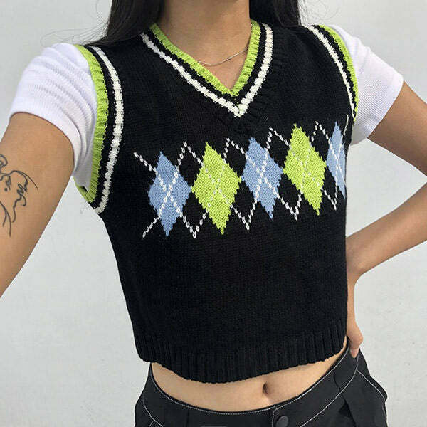 Gimme Sugar Argyle Vest - Y2K & 90s Fashion, Grunge, Retro, Summer & Party Out