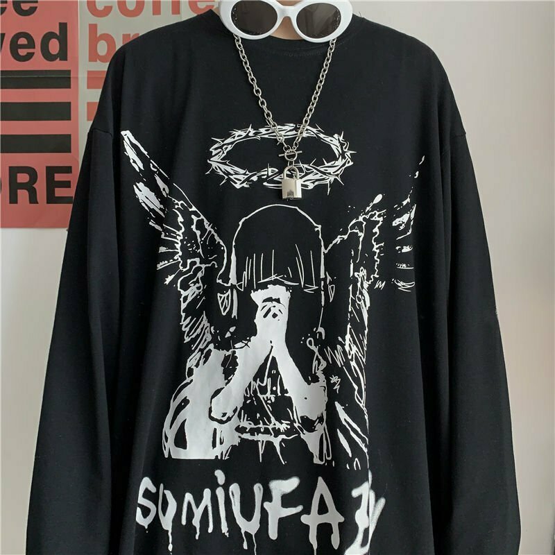 Gothic Angel Long Sleeve T-shirt - Y2K Grunge, 90s Fashion, Retro Style, Pastel