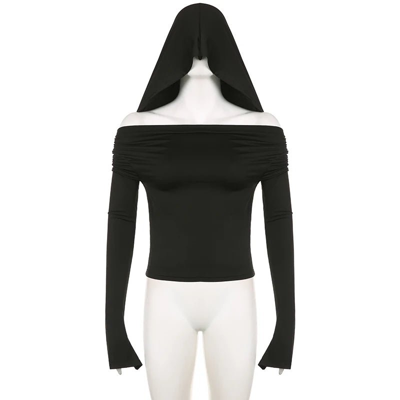 Gothic Black Hooded Crop Top - Y2K Grunge Summer Outfit, 90s Retro Fashion, Y2