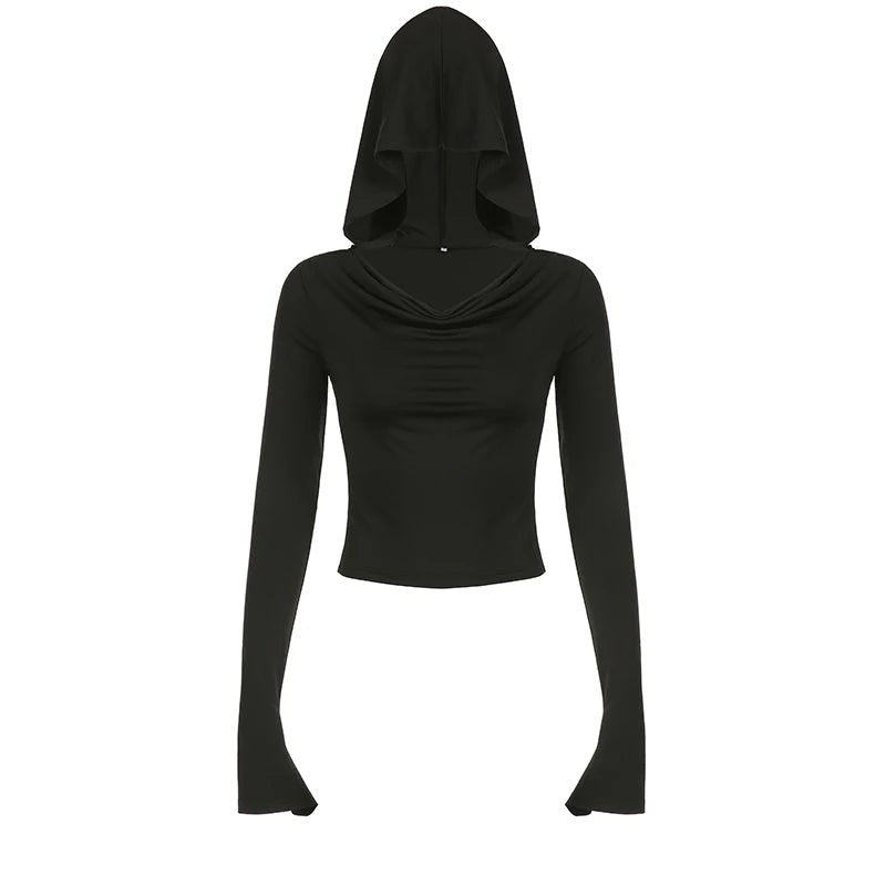 Gothic Black Hooded Crop Top - Y2K Grunge Summer Outfit, 90s Retro Fashion, Y2