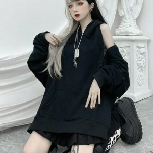 Gothic Black Off Shoulder Hoodie - Y2K Grunge, 90s Fashion, Retro Summer Outfit