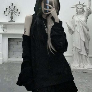 Gothic Black Off Shoulder Hoodie - Y2K Grunge, 90s Fashion, Retro Summer Outfit