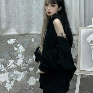 Gothic Black Off Shoulder Hoodie - Y2K Grunge, 90s Fashion, Retro Summer Outfit