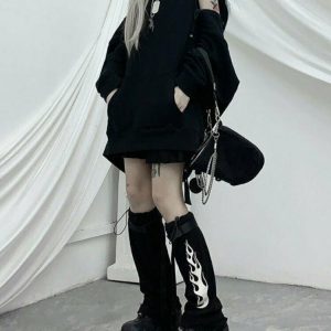 Gothic Black Off Shoulder Hoodie - Y2K Grunge, 90s Fashion, Retro Summer Outfit