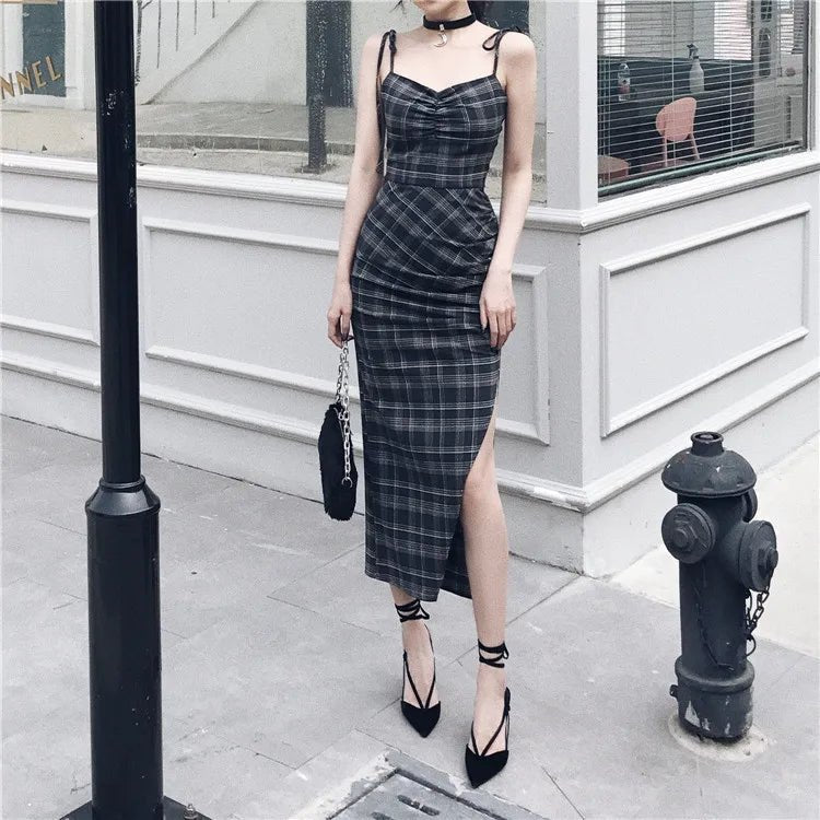 Gothic Plaid V-Neck Halter Dress - Y2K Grunge Summer Outfit, 90s Retro Style