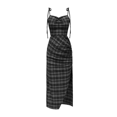 Gothic Plaid V-Neck Halter Dress - Y2K Grunge Summer Outfit, 90s Retro Style