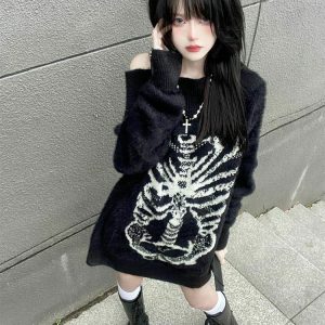 Gothic Skull Harajuku Pullover - Y2K Grunge, 90s Fashion, Retro Style, Y