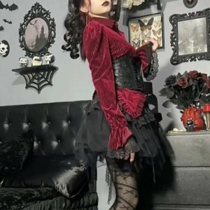 Gothic Velvet Collared Blouse - Y2K Grunge, 90s Fashion, Retro Summer & Party Out