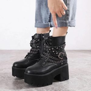 Gothic Y2K Black Rivets Ankle Boots - Retro 90s Grunge Fashion for Summer and Parties