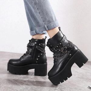 Gothic Y2K Black Rivets Ankle Boots - Retro 90s Grunge Fashion for Summer and Parties