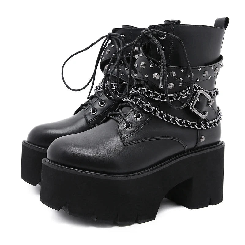 Gothic Y2K Black Rivets Ankle Boots - Retro 90s Grunge Fashion for Summer and Parties