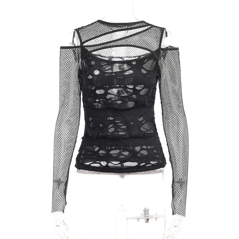 Gothic Y2K Mesh Hole Fishnet Blouse - Retro 90s Grunge, Summer Y2K Party