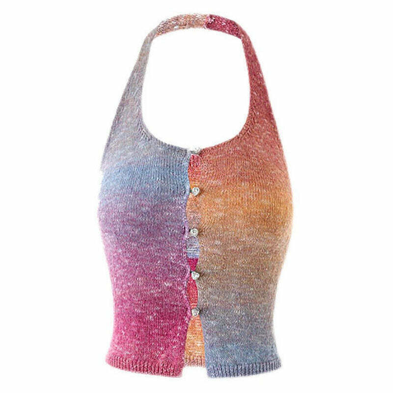 Gradient Rainbow Knit Halter Top - Y2K Summer Grunge, 90s Retro, Pastel Goth, Y2