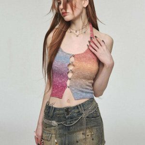 Gradient Rainbow Knit Halter Top - Y2K Summer Grunge, 90s Retro, Pastel Goth, Y2