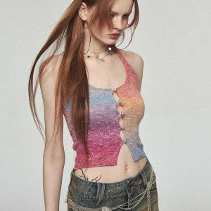 Gradient Rainbow Knit Halter Top - Y2K Summer Grunge, 90s Retro, Pastel Goth, Y2