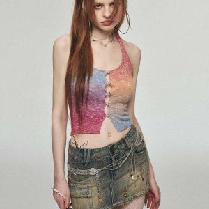 Gradient Rainbow Knit Halter Top - Y2K Summer Grunge, 90s Retro, Pastel Goth, Y2