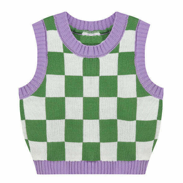 Green & Lavender Checkered Vest - Y2K Summer Grunge, 90s Retro, Pastel Goth, Y2