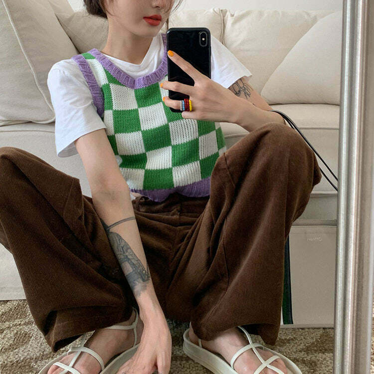 Green & Lavender Checkered Vest - Y2K Summer Grunge, 90s Retro, Pastel Goth, Y2