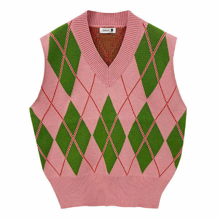 Green & Pink Argyle Vest - Y2K & 90s Fashion, Grunge, Retro, Summer Outfits,