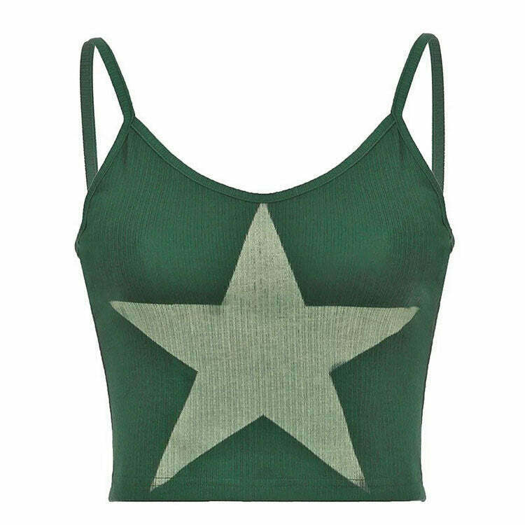 Green Star Ribbed Tank Top - Y2K Summer Outfit, 90s Fashion, Grunge, Retro, Baby Te