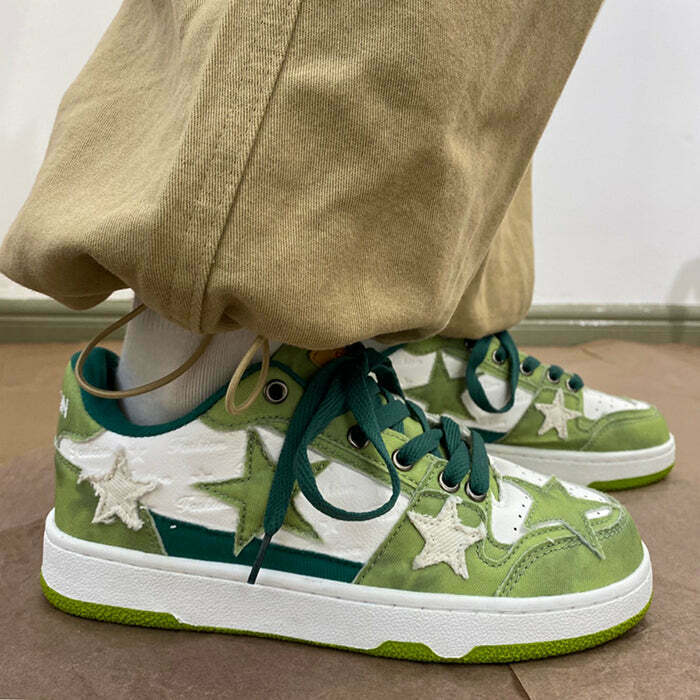 Green Star Sneakers - Y2K & 90s Fashion, Grunge, Retro, Hip Hop, Summer & Party