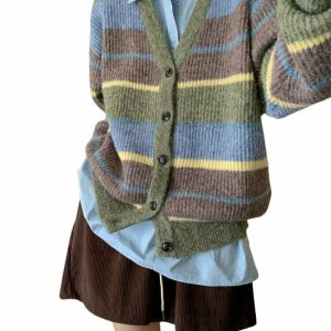 Green Striped Cardigan Sweater - Y2K & 90s Fashion, Grunge, Retro, Summer & Party