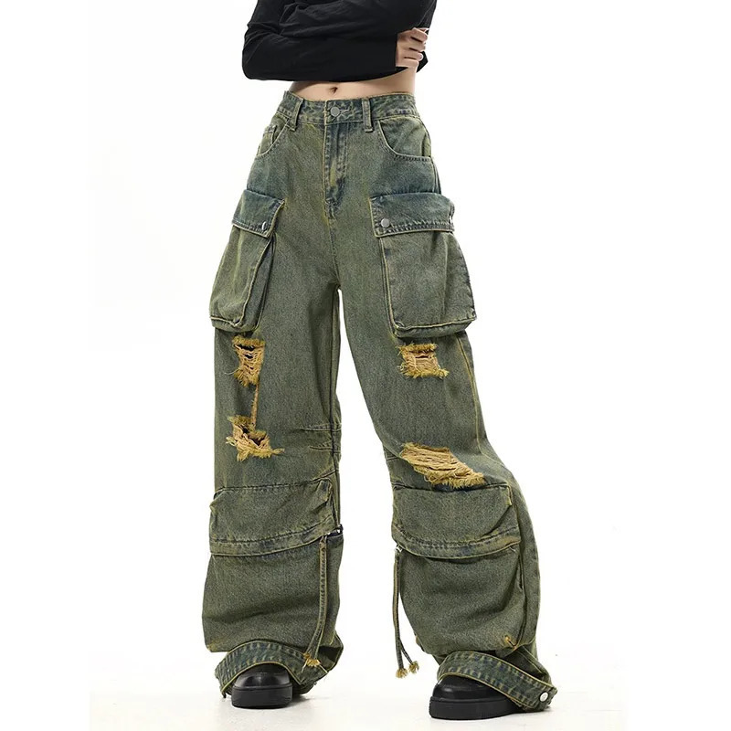 Green Y2K Vintage High Waisted Wide Leg Jeans - Streetwear Fashion for Women