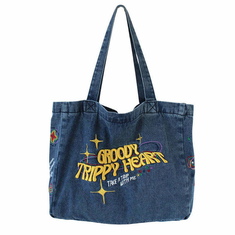 Groovy Trippy Heart Blue Denim Bag - Y2K Summer, 90s Fashion, Grunge, Retro, Past