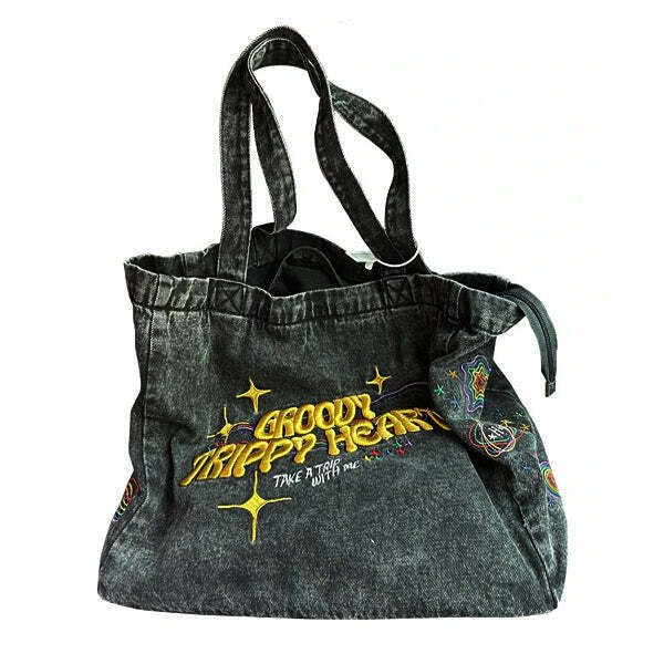 Groovy Trippy Heart Denim Bag - Y2K & 90s Fashion, Grunge, Retro, Pastel Goth