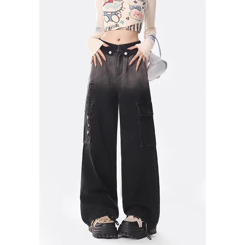 Harajuku Black Vintage High Waist Loose Jeans Gradient Color Pants - Y2K Retro Style Wide Leg Denim Trouser