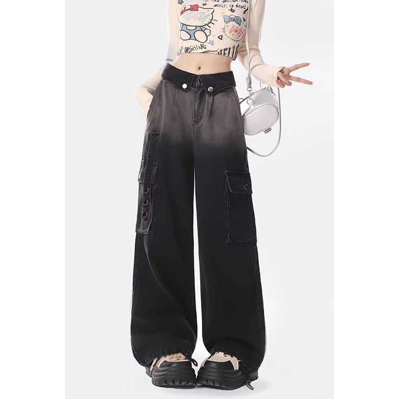 Harajuku Black Vintage High Waist Loose Jeans Gradient Color Pants - Y2K Retro Style Wide Leg Denim Trouser