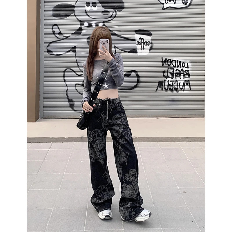 Harajuku Black Vintage High Waist Loose Jeans Printting Pants - Y2K Retro Style Wide Leg Denim Trouser