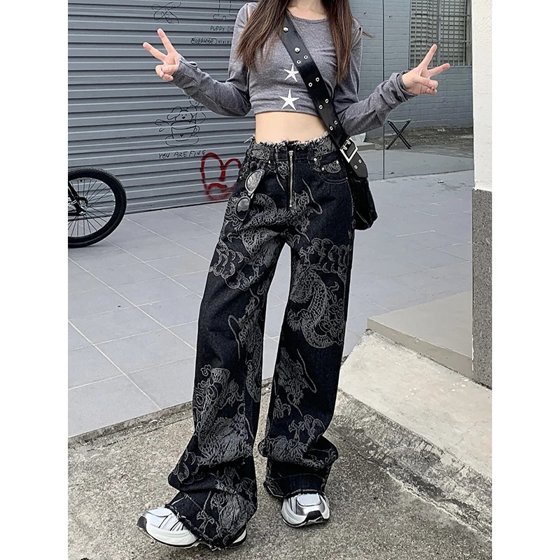 Harajuku Black Vintage High Waist Loose Jeans Printting Pants - Y2K Retro Style Wide Leg Denim Trouser