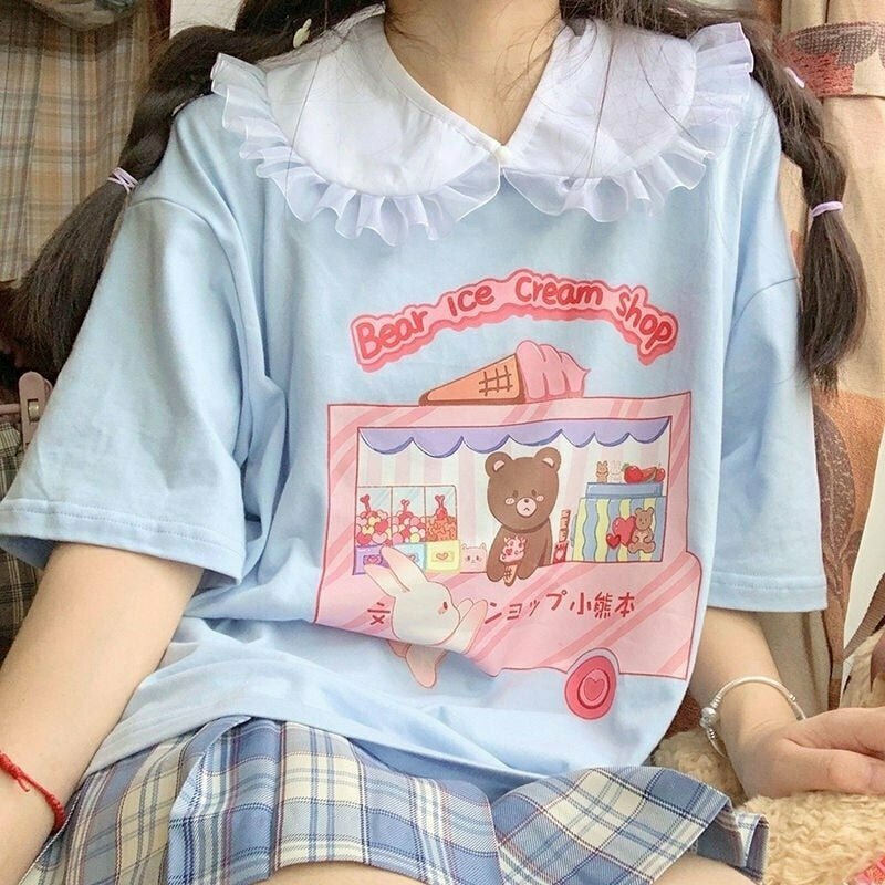 Harajuku Cute Bear Ice Cream T-shirt - Y2K Summer Grunge 90s Fashion Retro Pastel Goth Outfit