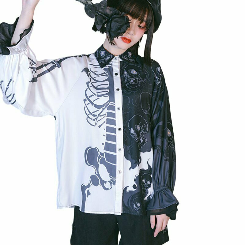 Harajuku Skull Print Shirt - Y2K Grunge, 90s Fashion, Retro Goth, Summer Y2K