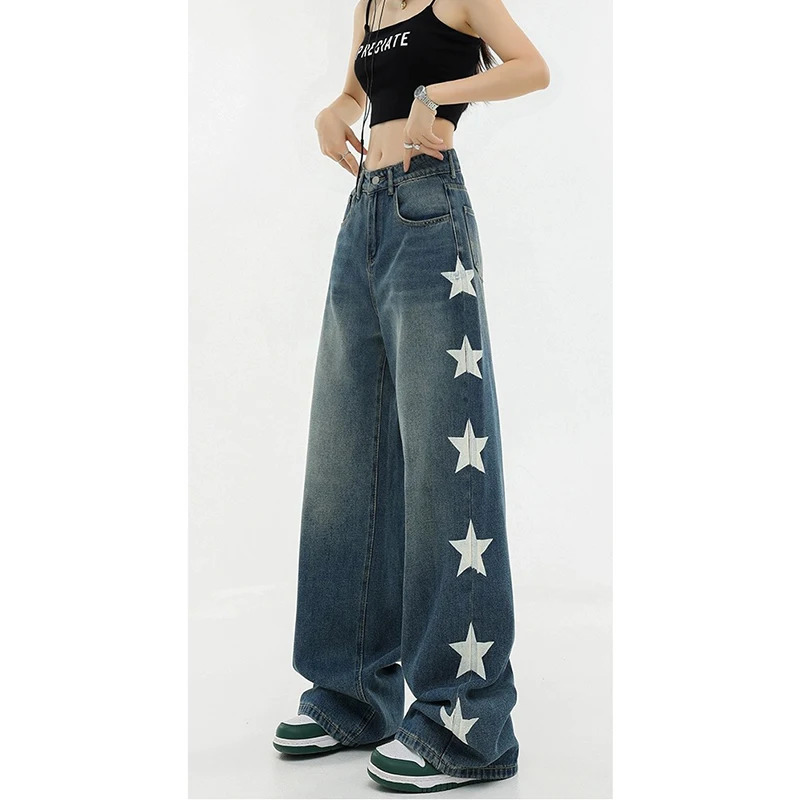 Harajuku Stars Print High Waist Vintage Loose Jeans Pants - Y2K Streetwear Style Women's Wide Leg Denim Trou