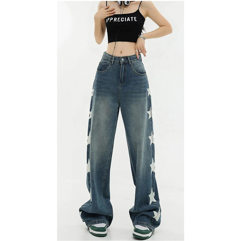 Harajuku Stars Print High Waist Vintage Loose Jeans Pants - Y2K Streetwear Style Women's Wide Leg Denim Trou