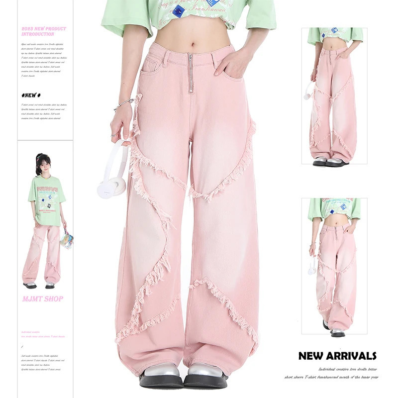 Harajuku Sweet Style High Waist Pink Tassels Jeans - Y2K Summer Women's Wide Leg Denim Trouser