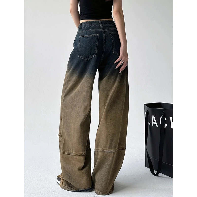 Harajuku Vintage High Waist Gradient Color Wide Leg Jeans - Y2K Retro Style Women's Denim Trouser