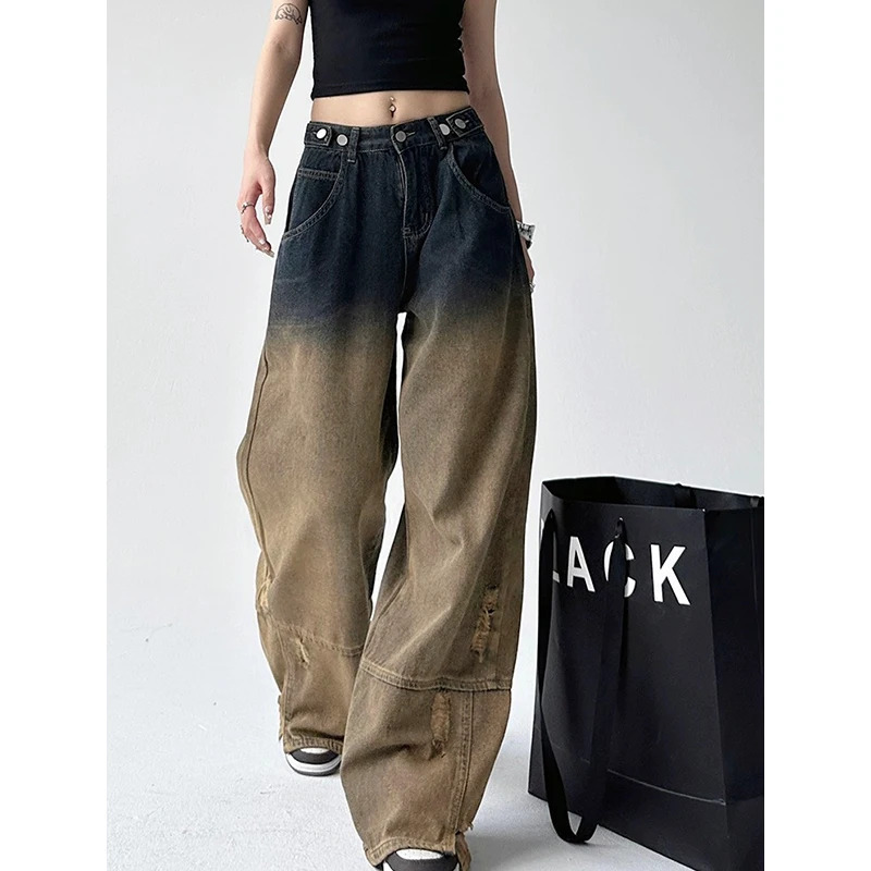 Harajuku Vintage High Waist Gradient Color Wide Leg Jeans - Y2K Retro Style Women's Denim Trouser