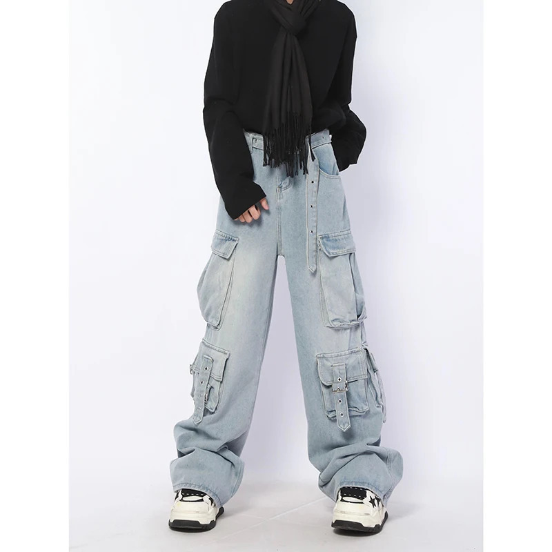 Harajuku Vintage High Waist Loose Pockets Jeans Pants Streetwear 2024 Spring Summer Women's Y2K Wide Leg