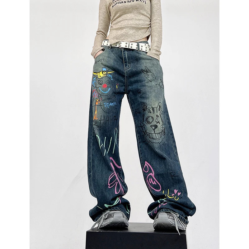 Harajuku Vintage Print Grunge Loose Jeans Female Pants - Y2K Summer Style 2024