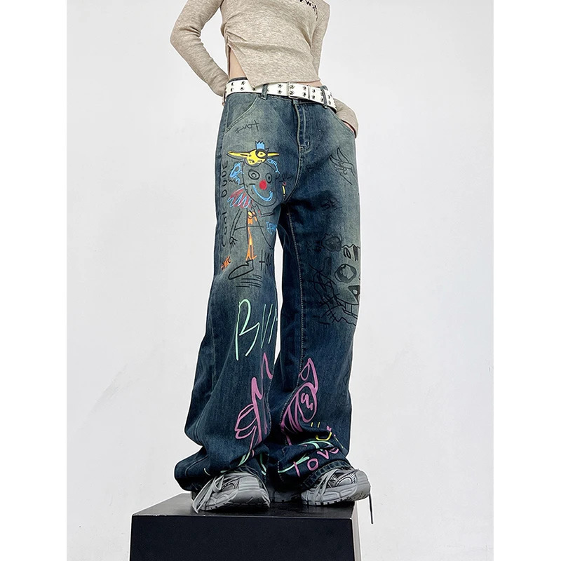 Harajuku Vintage Print Grunge Loose Jeans Female Pants - Y2K Summer Style 2024