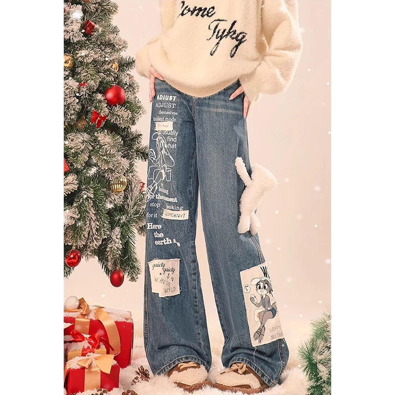 Harajuku Vintage Print Grunge Loose Jeans Female Pants - Y2K Wide Leg Baggy Denim Trouser