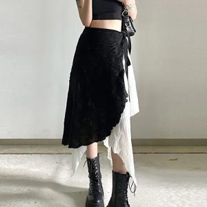 Harajuku Y2k Spliced Midi Skirts - Retro 90s Grunge, Y2k Summer & Party