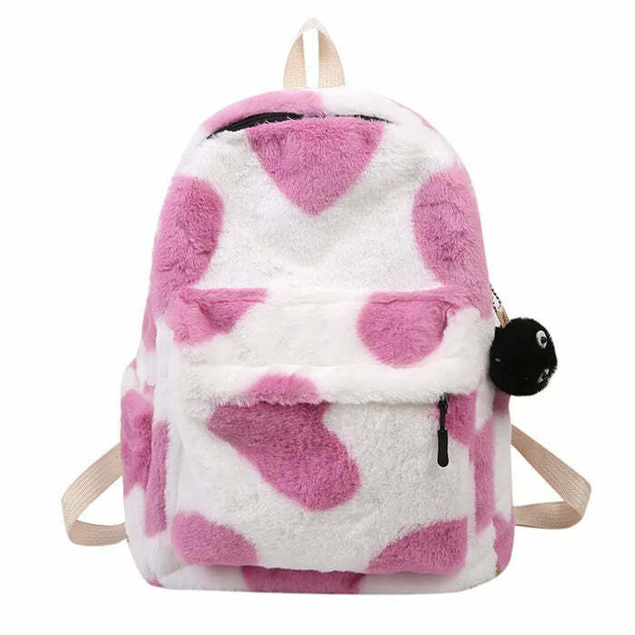 Heart Crush Fuzzy Backpack - Y2K Grunge, 90s Retro, Pastel Goth, Summer & Party Out