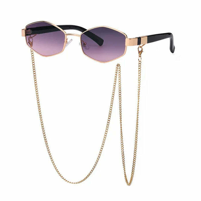 Hexagonal Sunglasses with Chain - Y2K & 90s Fashion, Retro Grunge, Pastel Goth, Hip